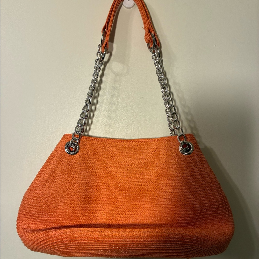 NWT Magid Bright Orange Chain-Handle Straw Woven Shoulder Bag Summer Beach Vacay - Picture 2 of 8